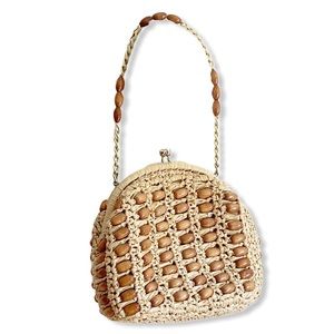 Boho Handbag Beaded Basket Rattan Woven Tan Small